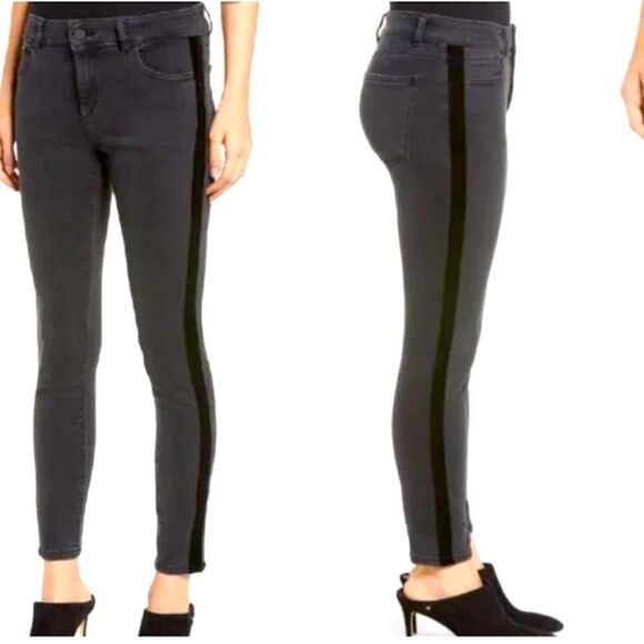 DL1961 Black Farrow High Rise Skinny Jeans With Velvet Stripe Size 26 - Picture 1 of 7